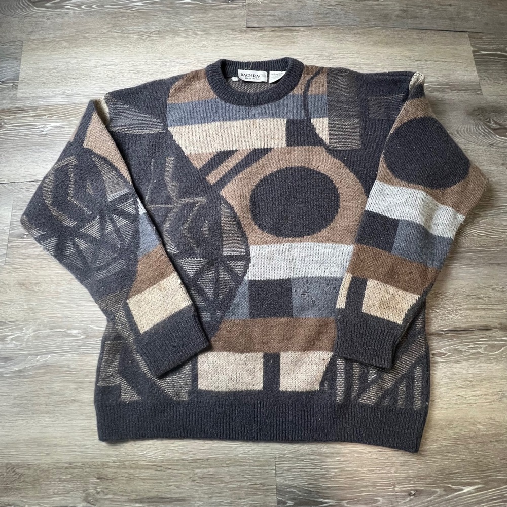 vintage Bachrach Sweater Mens XL Grey Brown Geometric Merino Wool Made in Italy